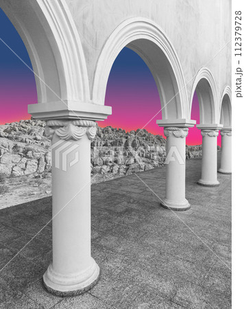Surreal collage with elements classic architecture. Art poster, concept, zine cover. Antique cityscape Surreal collage with elements classic architecture. Art poster, concept, zine cover. Antique cityscape 112379728