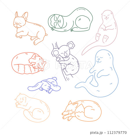 Set of cute hand drawn different sleeping animals outlines. Doodle sleepy cat, otter, seal, koala, French bulldog, rabbit, fox, red panda and sloth animal. Vector illustration 112379770