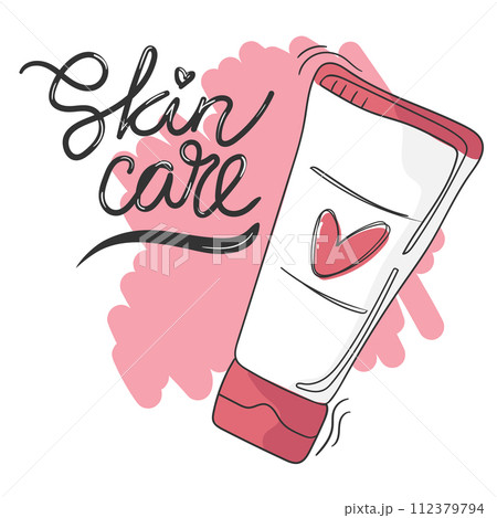 Skin care concept. Calligraphy quote or slogan for beauty routine and hand drawn doodle cream tube. Vector illustration 112379794