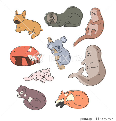 Set of cute hand drawn different sleeping animals. Cartoon sleepy cat, otter, seal, koala, French bulldog, rabbit, fox, red panda and sloth animal. Vector illustration 112379797