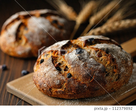 焼きたてのライ麦全粒粉レーズンパン 焼きたてのライ麦全粒粉レーズンパン 112379892
