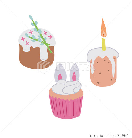 Set of Easter traditional cakes in flat style. Spring concept. Sketchy hand drawn elements on white background. Ideal for decoration, stickers, greetings, banner and background Set of Easter traditional cakes in flat style. Spring concept. Sketchy hand drawn elements on white background. Ideal for decoration, stickers, greetings, banner and background 112379964