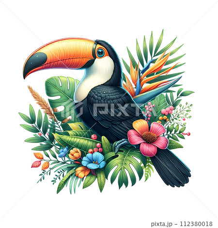 Toucan bird with tropical plants and flowers 112380018