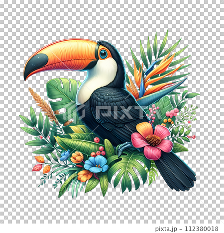Toucan bird with tropical plants and flowers 112380018
