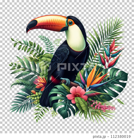 Toucan bird with tropical plants and flowers 112380019