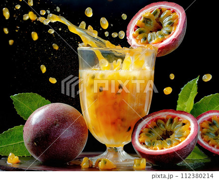 黒背景のみずみずしいパッションフルーツ 112380214