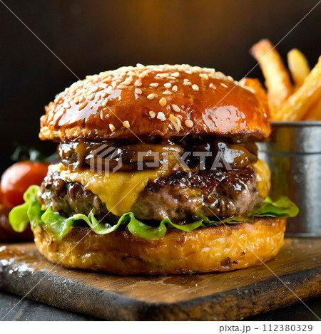 木製ボードに乗ったアメリカンチーズハンバーガー 112380329