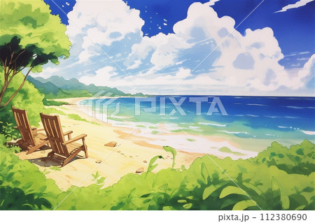 AI-generated content. Two beach chairs on the seashore, sky with clouds. AI-generated content. Two beach chairs on the seashore, sky with clouds. 112380690