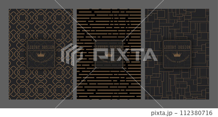 A set of gold abstract patterns on a black background. Template for packaging design, cover, invitation, banner and creative idea 112380716