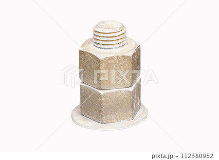 Old Metal male square nut screw nail heads stacked isolated on white background. Bolts and screws. To attach structure of wall to be strong for house or various industrial.	 112380982