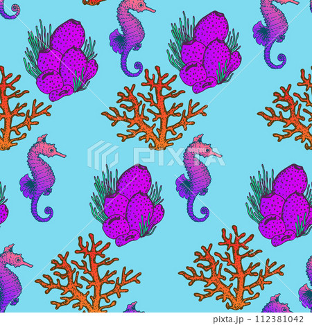 Sea Creatures and Ocean Animals Seamless Pattern. Sea Love Summer Textile and Wrapping Surface Ornament Design Template. Vector Hand Drawn Illustration. 112381042