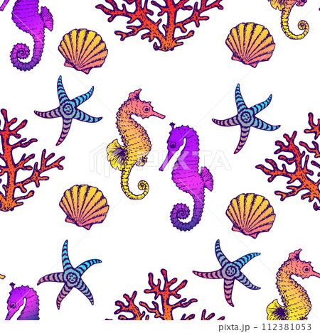 Sea Creatures and Ocean Animals Seamless Pattern. Sea Love Summer Textile and Wrapping Surface Ornament Design Template. Vector Hand Drawn Illustration. Sea Creatures and Ocean Animals Seamless Pattern. Sea Love Summer Textile and Wrapping Surface Ornament Design Template. Vector Hand Drawn Illustration. 112381053