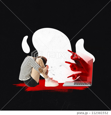 Contemporary art collage. Sad person crouched covering face because red hands from laptop screen pointing to her black background. Contemporary art collage. Sad person crouched covering face because red hands from laptop screen pointing to her black background. 112381552
