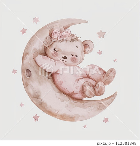 AI-generated content. This cute baby bear is sleeping on the moon. AI-generated content. This cute baby bear is sleeping on the moon. 112381849