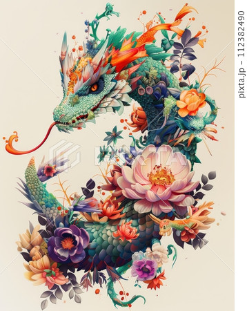 Botanical drawings feature surreal elements, vibrant colors, and fantasy creatures, creating a mesmerizing display. 112382490