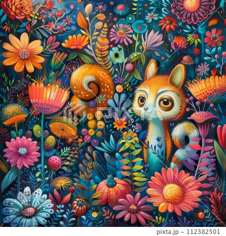 Vivid, surreal setting with cartoon animals, fantasy creatures, and botanical drawings creates a whimsical world. 112382501