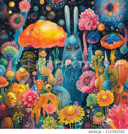 Cartoon animals frolic in a vivid, dreamlike setting with fantastical creatures and botanical illustrations. 112382502