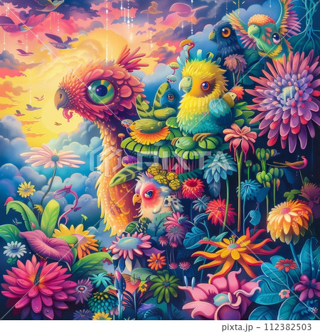 Cartoon animals in a vibrant, surreal environment, featuring fantasy creatures and botanical drawings. 112382503