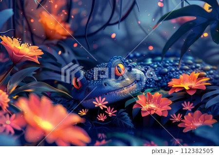 Cartoon animals in whimsical adventures, illustrated with vibrant colors and surreal environments. 112382505