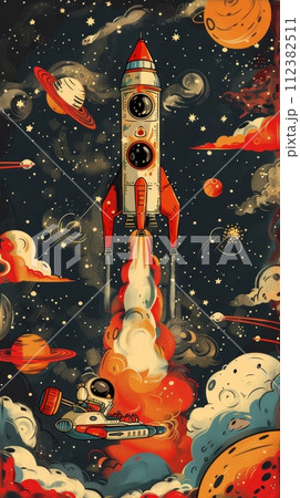 Cartoon animals embark on a space exploration with hand-drawn spaceships and encountering aliens. 112382511