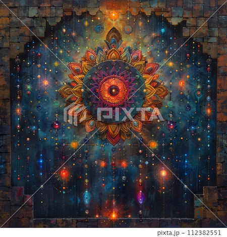 Celestial bodies, mystical symbols, and vibrant neon colors infuse digital mandalas with cosmic energy. 112382551