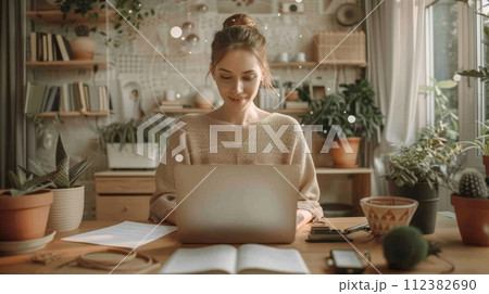 AI-generated content. An attractive young woman using a laptop while writing notes, watching webinars, learning online classes, or having a virtual call meeting while working at home. 112382690