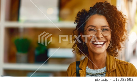 AI-generated content. Business woman holding digital tablet technology in modern office working and smiling to the camera, holding digital tablet technology in modern office working and smiling. 112382692