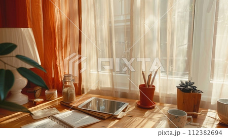 AI-generated content. Young smiling professional businesswoman using mobile technology using smartphone at her desk checking cell phone while sitting at home or at the office. 112382694