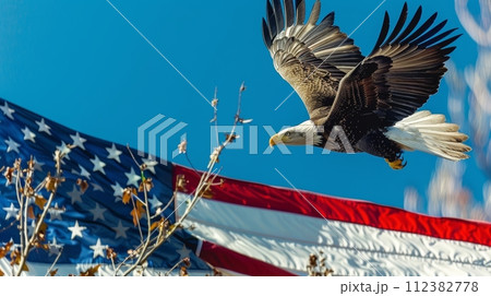 AI-generated content. Freedom flies in the sky with an eagle carrying an American flag 112382778