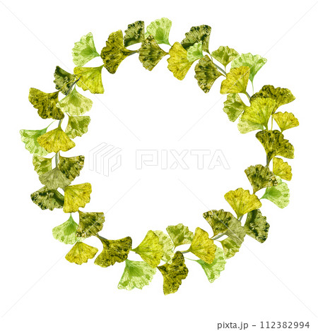 Green yellow leaf imprint. Wreath with leaves. Fashionable design card with copy space for text. Abstract leaf Ginkgo. Gingko, biloba. Watercolor illustration for greeting, invitation Green yellow leaf imprint. Wreath with leaves. Fashionable design card with copy space for text. Abstract leaf Ginkgo. Gingko, biloba. Watercolor illustration for greeting, invitation 112382994