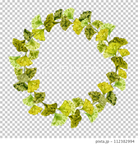 Green yellow leaf imprint. Wreath with leaves. Fashionable design card with copy space for text. Abstract leaf Ginkgo. Gingko, biloba. Watercolor illustration for greeting, invitation Green yellow leaf imprint. Wreath with leaves. Fashionable design card with copy space for text. Abstract leaf Ginkgo. Gingko, biloba. Watercolor illustration for greeting, invitation 112382994