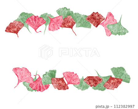 Fashionable design card. Leaf imprints in pink, green, red colors. Horizontal frame with multi-colored leaves and space for text. Ginkgo, palm, dry abstract leaves. Watercolor illustration. 112382997