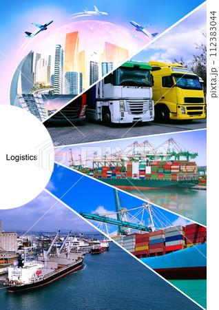 Industrial container cargo freight ship for import or export in port. Abstract design background, trucks and transport. Highway and delivering. Logistics concept Industrial container cargo freight ship for import or export in port. Abstract design background, trucks and transport. Highway and delivering. Logistics concept 112383044