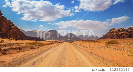 Dirt road leading to red sandstone cliffs 112383155