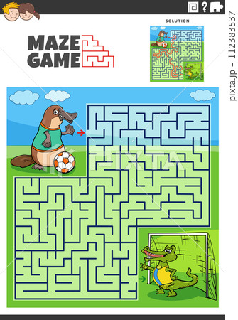 maze game activity with cartoon animals playing soccer 112383537