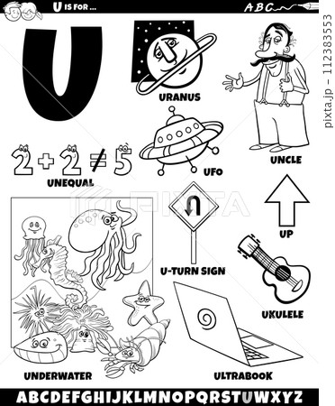 Letter U set with cartoon objects and characters coloring page Letter U set with cartoon objects and characters coloring page 112383553