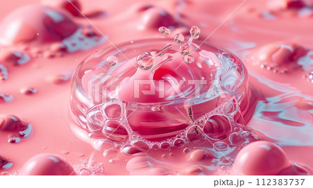 AI-generated content. Skin care pink product with clear liquid transparent cream. Hyaluronic acid cosmetic gel. 112383737