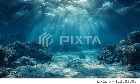 AI-generated content. Deep Abyss Underwater With Blue Sunlight 112383805