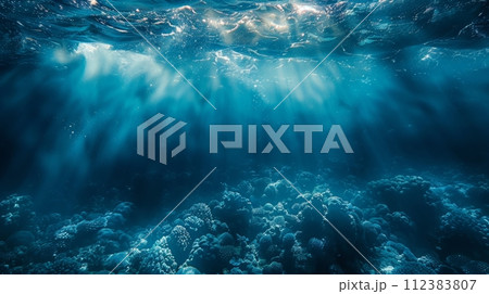 AI-generated content. Blue Sunlight - Deep Underwater Sea with Blue Abyss 112383807