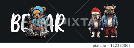 Stylish Cartoon Bulldogs in Urban Outfits: A Vector Illustration of Cool Canines Dressed in Modern , Representing Youth Culture and Fashion 112383862