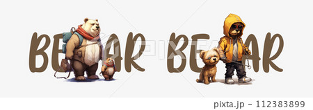 Adorable Illustrated Bears and a Child with a Puppy: A Large Bear with Backpack, Small Bear, and a Child in a Hoodie with a Cute Puppy in Vibrant 112383899