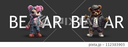 Stylish Cartoon Bears in Modern Outfits: A Female Bear with Floral Accessories and a Male Bear in Urban Wear Stylish Cartoon Bears in Modern Outfits: A Female Bear with Floral Accessories and a Male Bear in Urban Wear 112383903