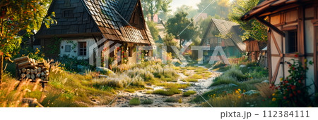 villages with textured oil paintings of Easter Monday scenes filled with quaint cottages and winding streets. villages with textured oil paintings of Easter Monday scenes filled with quaint cottages and winding streets. 112384111