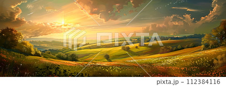 Easter Monday backgrounds featuring rolling hills and colorful meadows. 112384116