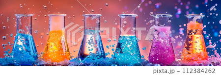 chemical reactions taking place in a laboratory setting, with colorful liquids bubbling and fizzing in glassware. 112384262