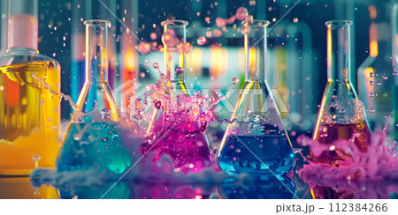 chemical reactions taking place in a laboratory setting, with colorful liquids bubbling and fizzing in glassware. 112384266