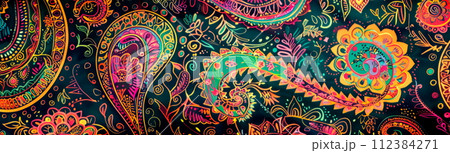 pattern inspired by Persian paisley motifs, featuring intricate teardrop-shaped designs symbolizing fertility, abundance, and eternity. 112384271