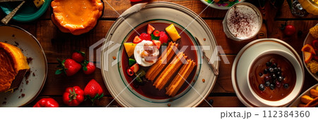Mexican desserts, including churros, flan, and tres leches cake. 112384360