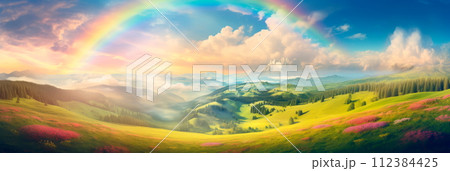 A dreamy landscape with rainbows arching over rolling hills and blooming meadows, 112384425