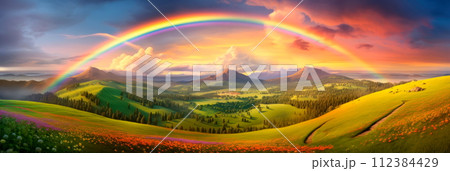 A dreamy landscape with rainbows arching over rolling hills and blooming meadows, 112384429